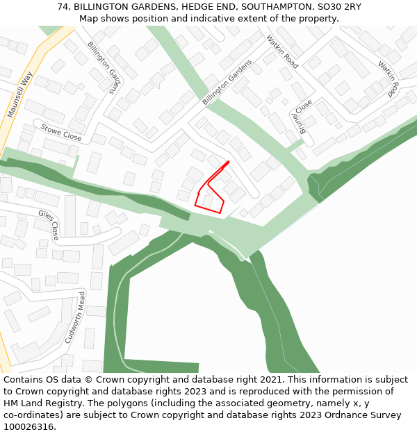 74, BILLINGTON GARDENS, HEDGE END, SOUTHAMPTON, SO30 2RY: Location map and indicative extent of plot