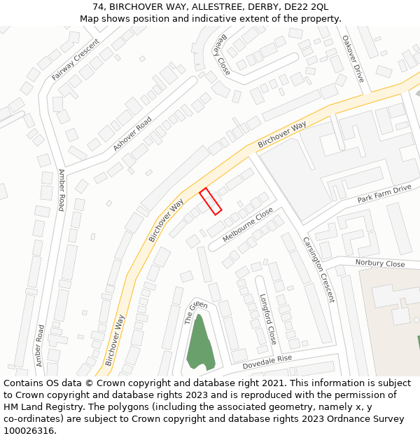 74, BIRCHOVER WAY, ALLESTREE, DERBY, DE22 2QL: Location map and indicative extent of plot