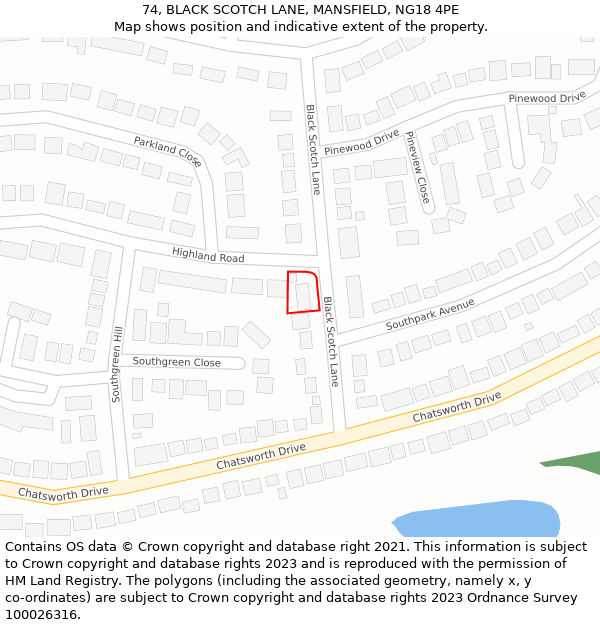 74, BLACK SCOTCH LANE, MANSFIELD, NG18 4PE: Location map and indicative extent of plot