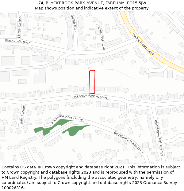 74, BLACKBROOK PARK AVENUE, FAREHAM, PO15 5JW: Location map and indicative extent of plot