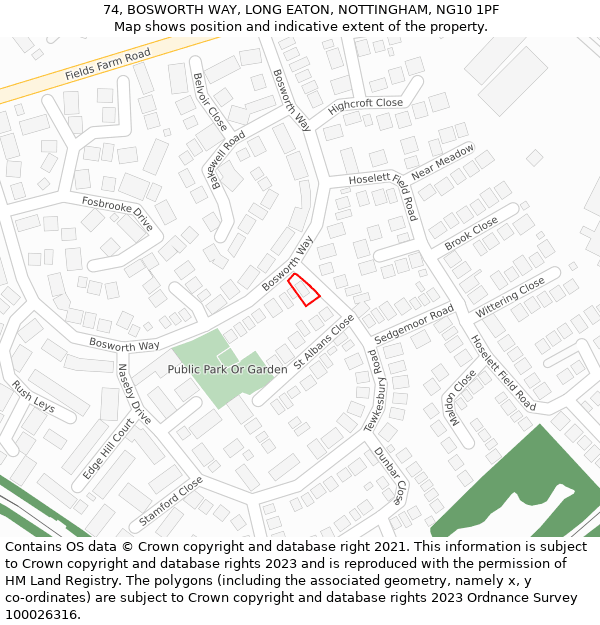 74, BOSWORTH WAY, LONG EATON, NOTTINGHAM, NG10 1PF: Location map and indicative extent of plot