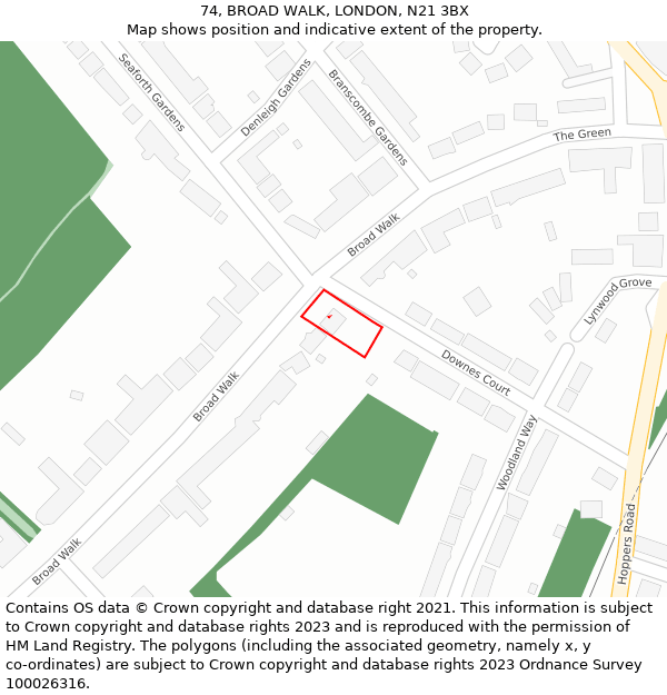 74, BROAD WALK, LONDON, N21 3BX: Location map and indicative extent of plot