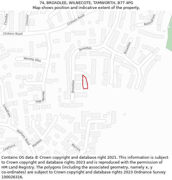 74, BROADLEE, WILNECOTE, TAMWORTH, B77 4PG: Location map and indicative extent of plot