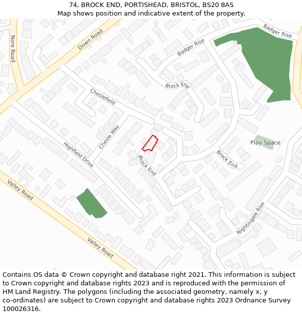 74, BROCK END, PORTISHEAD, BRISTOL, BS20 8AS: Location map and indicative extent of plot