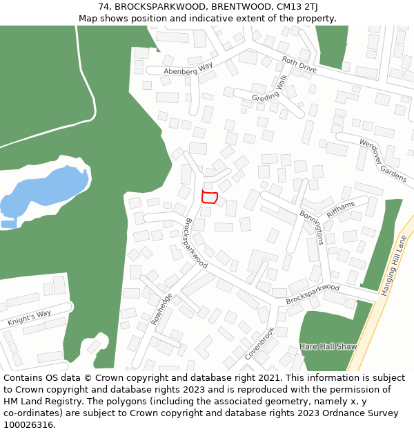 74, BROCKSPARKWOOD, BRENTWOOD, CM13 2TJ: Location map and indicative extent of plot