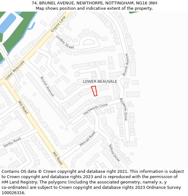 74, BRUNEL AVENUE, NEWTHORPE, NOTTINGHAM, NG16 3NH: Location map and indicative extent of plot