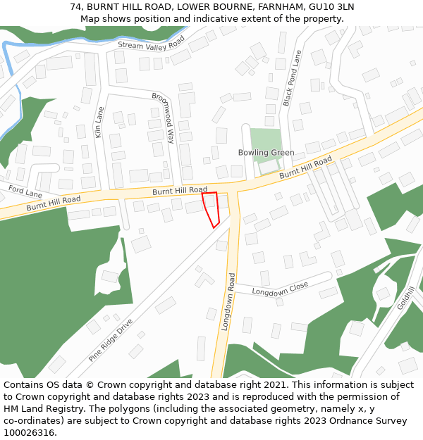74, BURNT HILL ROAD, LOWER BOURNE, FARNHAM, GU10 3LN: Location map and indicative extent of plot
