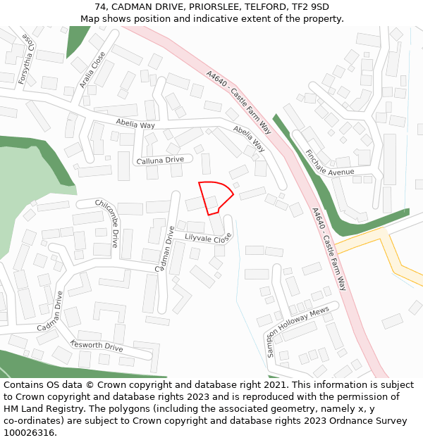 74, CADMAN DRIVE, PRIORSLEE, TELFORD, TF2 9SD: Location map and indicative extent of plot