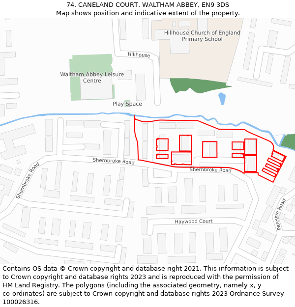 74, CANELAND COURT, WALTHAM ABBEY, EN9 3DS: Location map and indicative extent of plot