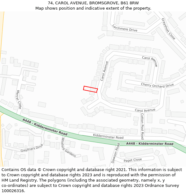 74, CAROL AVENUE, BROMSGROVE, B61 8RW: Location map and indicative extent of plot