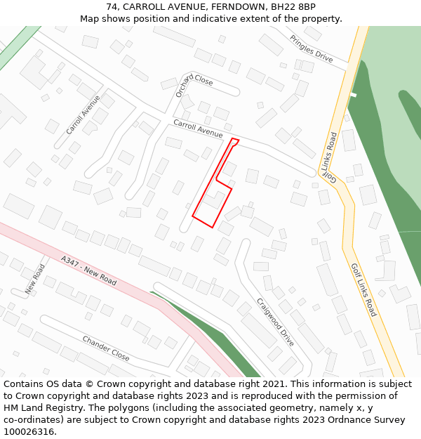 74, CARROLL AVENUE, FERNDOWN, BH22 8BP: Location map and indicative extent of plot