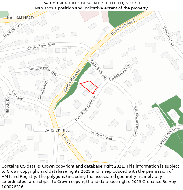 74, CARSICK HILL CRESCENT, SHEFFIELD, S10 3LT: Location map and indicative extent of plot