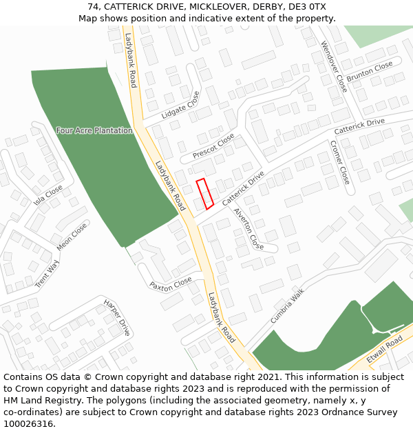 74, CATTERICK DRIVE, MICKLEOVER, DERBY, DE3 0TX: Location map and indicative extent of plot