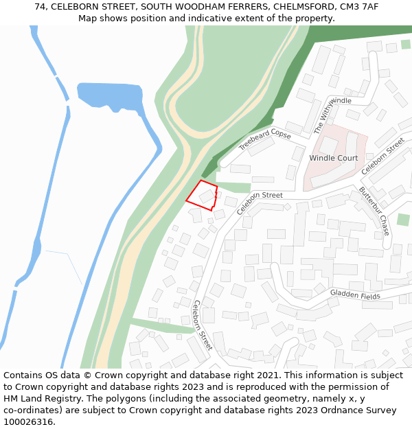 74, CELEBORN STREET, SOUTH WOODHAM FERRERS, CHELMSFORD, CM3 7AF: Location map and indicative extent of plot