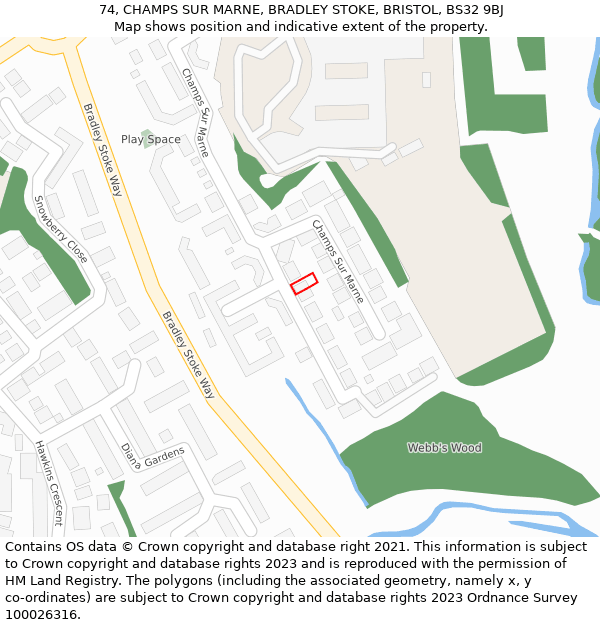 74, CHAMPS SUR MARNE, BRADLEY STOKE, BRISTOL, BS32 9BJ: Location map and indicative extent of plot