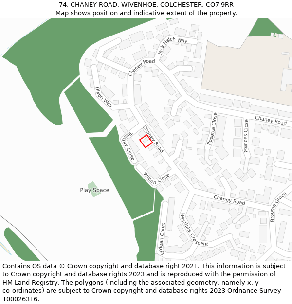 74, CHANEY ROAD, WIVENHOE, COLCHESTER, CO7 9RR: Location map and indicative extent of plot