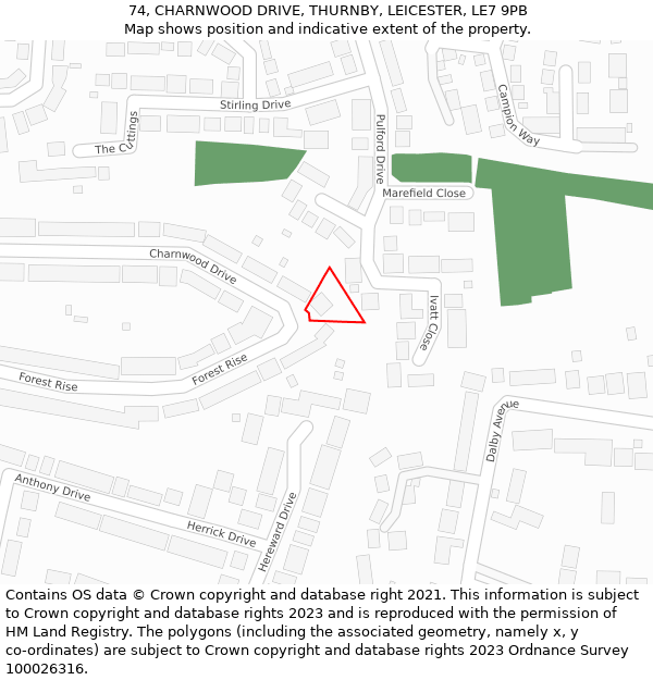 74, CHARNWOOD DRIVE, THURNBY, LEICESTER, LE7 9PB: Location map and indicative extent of plot