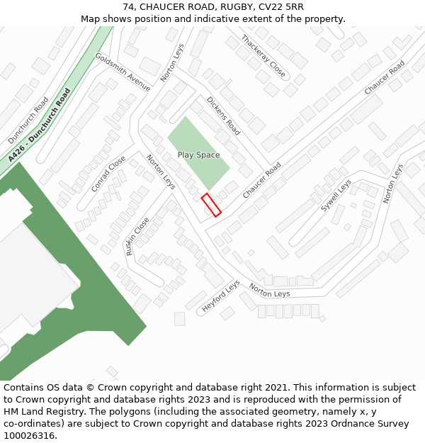 74, CHAUCER ROAD, RUGBY, CV22 5RR: Location map and indicative extent of plot