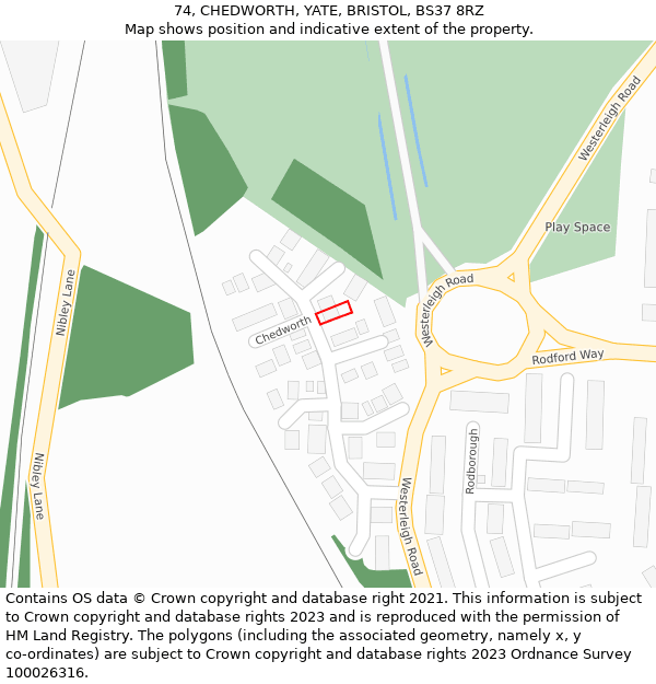 74, CHEDWORTH, YATE, BRISTOL, BS37 8RZ: Location map and indicative extent of plot