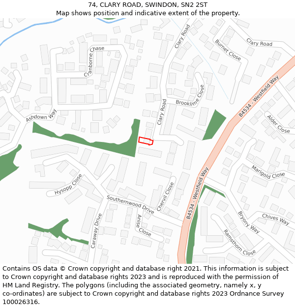 74, CLARY ROAD, SWINDON, SN2 2ST: Location map and indicative extent of plot