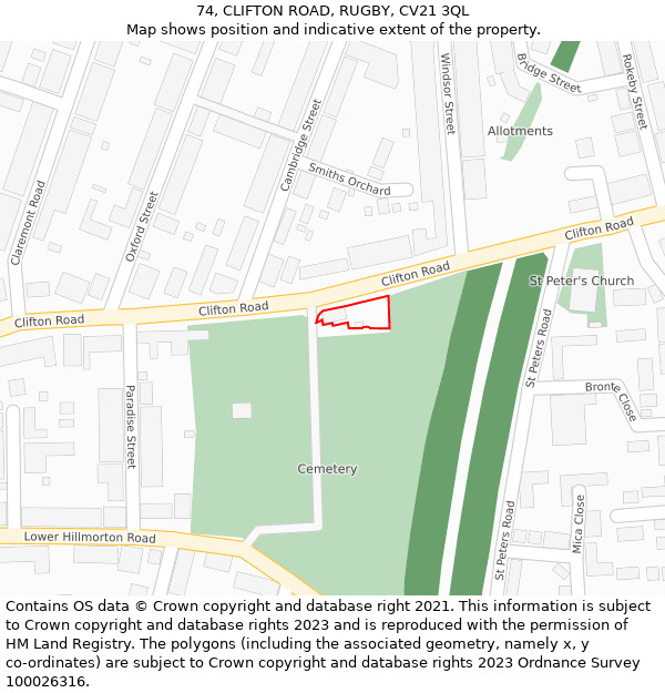 74, CLIFTON ROAD, RUGBY, CV21 3QL: Location map and indicative extent of plot