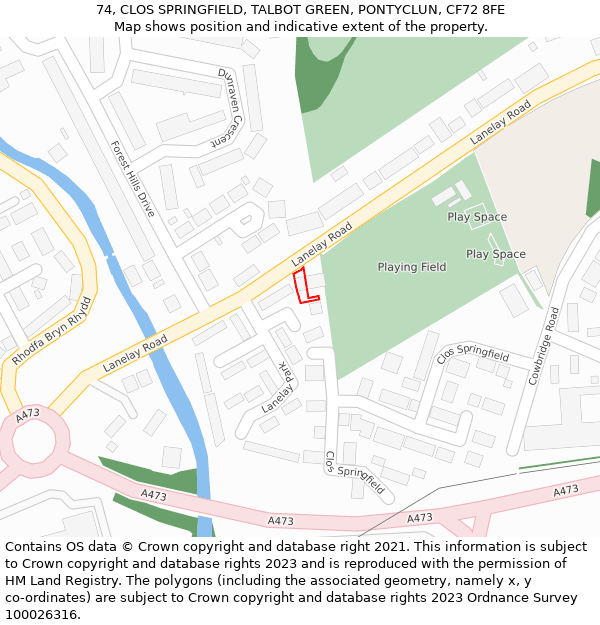 74, CLOS SPRINGFIELD, TALBOT GREEN, PONTYCLUN, CF72 8FE: Location map and indicative extent of plot