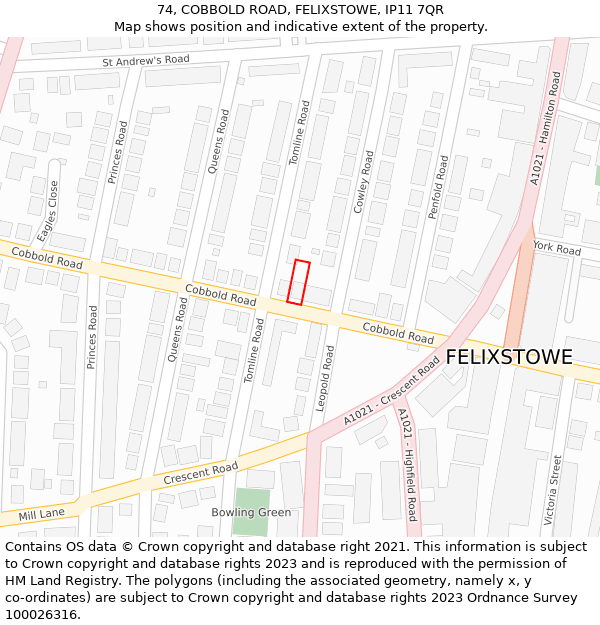 74, COBBOLD ROAD, FELIXSTOWE, IP11 7QR: Location map and indicative extent of plot