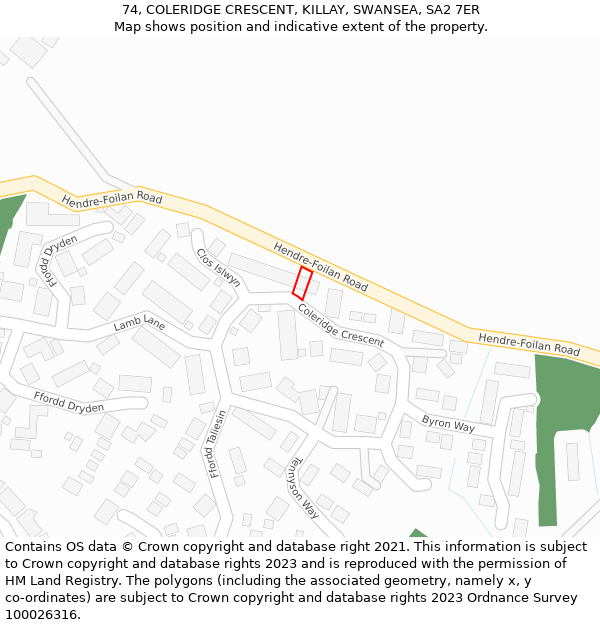 74, COLERIDGE CRESCENT, KILLAY, SWANSEA, SA2 7ER: Location map and indicative extent of plot