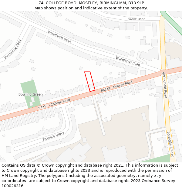 74, COLLEGE ROAD, MOSELEY, BIRMINGHAM, B13 9LP: Location map and indicative extent of plot