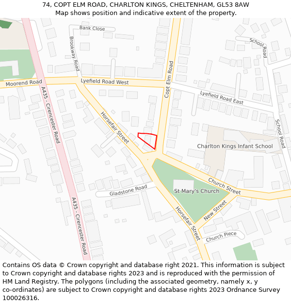 74, COPT ELM ROAD, CHARLTON KINGS, CHELTENHAM, GL53 8AW: Location map and indicative extent of plot