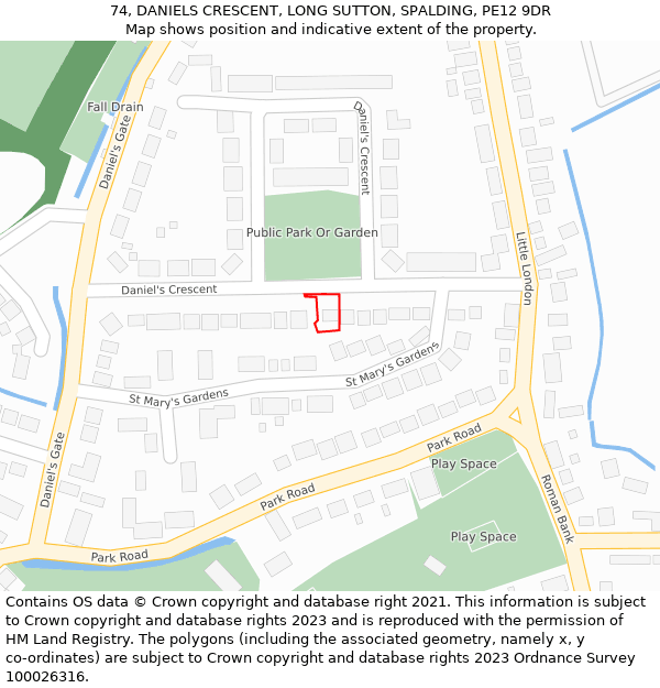 74, DANIELS CRESCENT, LONG SUTTON, SPALDING, PE12 9DR: Location map and indicative extent of plot