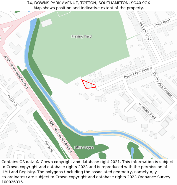 74, DOWNS PARK AVENUE, TOTTON, SOUTHAMPTON, SO40 9GX: Location map and indicative extent of plot