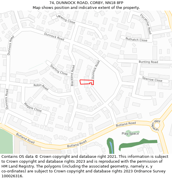 74, DUNNOCK ROAD, CORBY, NN18 8FP: Location map and indicative extent of plot