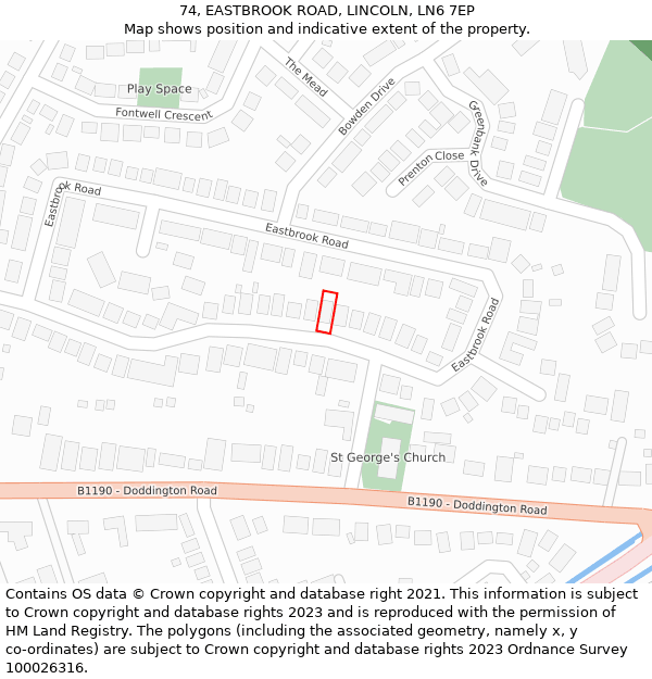74, EASTBROOK ROAD, LINCOLN, LN6 7EP: Location map and indicative extent of plot