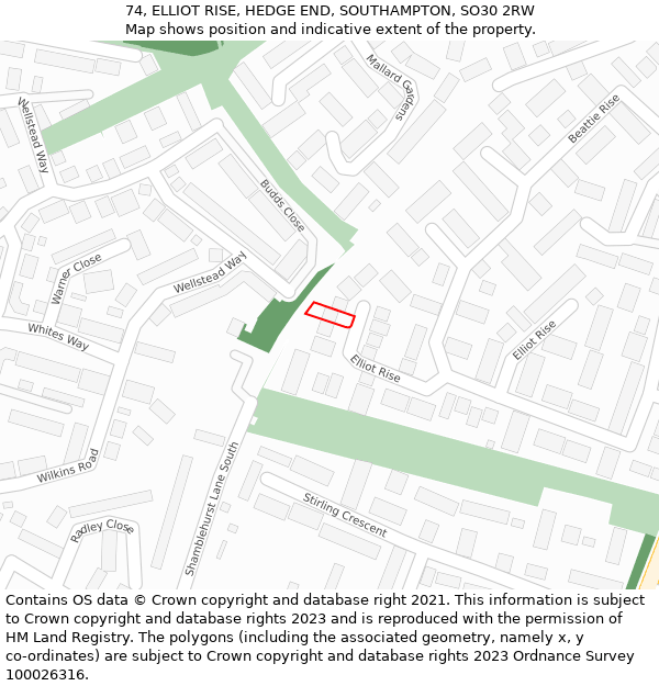 74, ELLIOT RISE, HEDGE END, SOUTHAMPTON, SO30 2RW: Location map and indicative extent of plot