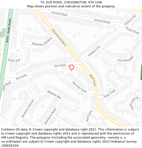 74, ELM ROAD, CHESSINGTON, KT9 1AW: Location map and indicative extent of plot
