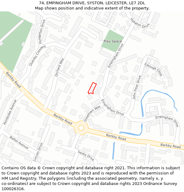 74, EMPINGHAM DRIVE, SYSTON, LEICESTER, LE7 2DL: Location map and indicative extent of plot