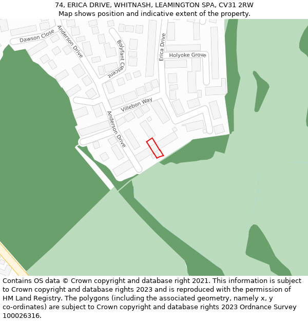 74, ERICA DRIVE, WHITNASH, LEAMINGTON SPA, CV31 2RW: Location map and indicative extent of plot