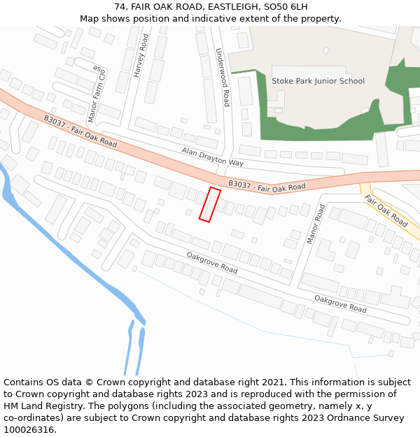 74, FAIR OAK ROAD, EASTLEIGH, SO50 6LH: Location map and indicative extent of plot