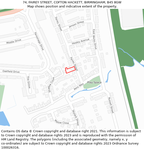 74, FAIREY STREET, COFTON HACKETT, BIRMINGHAM, B45 8GW: Location map and indicative extent of plot