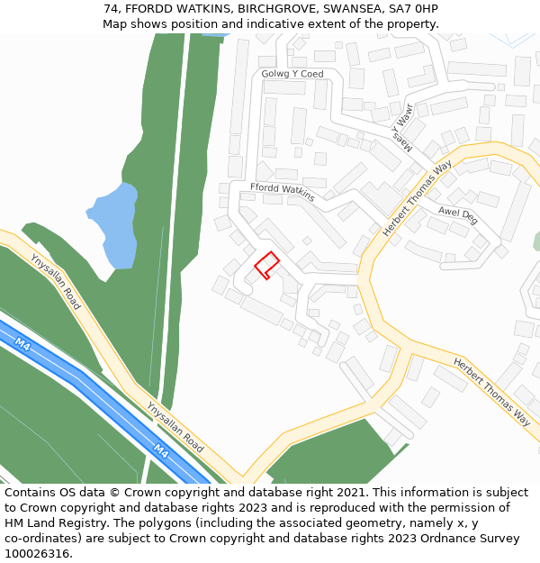 74, FFORDD WATKINS, BIRCHGROVE, SWANSEA, SA7 0HP: Location map and indicative extent of plot