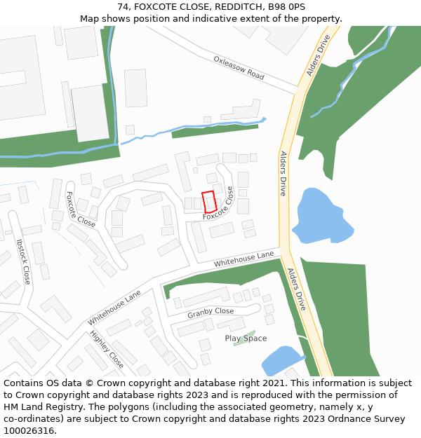 74, FOXCOTE CLOSE, REDDITCH, B98 0PS: Location map and indicative extent of plot