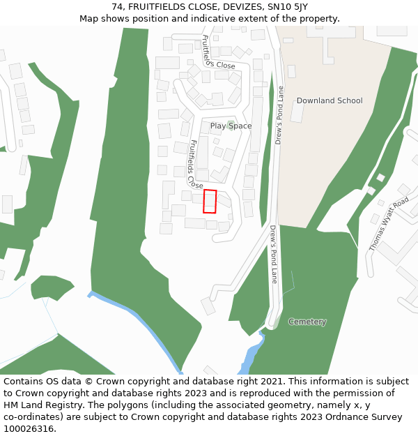 74, FRUITFIELDS CLOSE, DEVIZES, SN10 5JY: Location map and indicative extent of plot