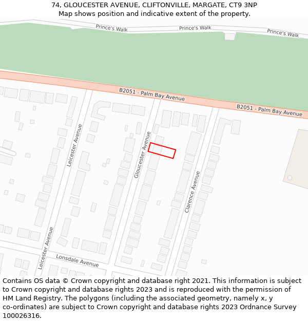 74, GLOUCESTER AVENUE, CLIFTONVILLE, MARGATE, CT9 3NP: Location map and indicative extent of plot
