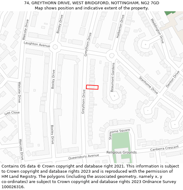 74, GREYTHORN DRIVE, WEST BRIDGFORD, NOTTINGHAM, NG2 7GD: Location map and indicative extent of plot