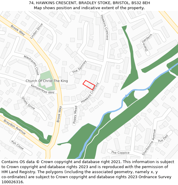 74, HAWKINS CRESCENT, BRADLEY STOKE, BRISTOL, BS32 8EH: Location map and indicative extent of plot