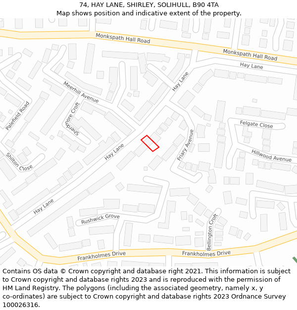 74, HAY LANE, SHIRLEY, SOLIHULL, B90 4TA: Location map and indicative extent of plot