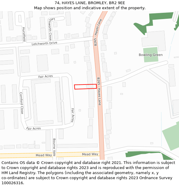 74, HAYES LANE, BROMLEY, BR2 9EE: Location map and indicative extent of plot