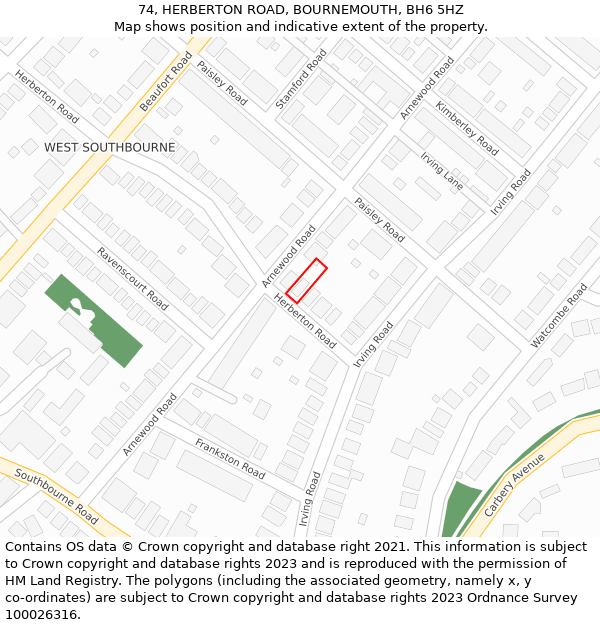 74, HERBERTON ROAD, BOURNEMOUTH, BH6 5HZ: Location map and indicative extent of plot