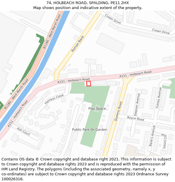 74, HOLBEACH ROAD, SPALDING, PE11 2HX: Location map and indicative extent of plot